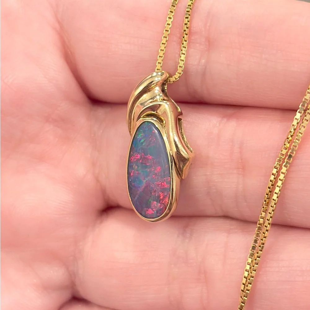 14K Australian Opal Pendant, Vintage Doublet, Crystal Dark Natural, Colorful IOG - Picture 7 of 14